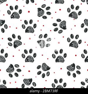 Doodle black paw prints with dots, square and stars seamless fabric design repeated pattern with black background Stock Vector