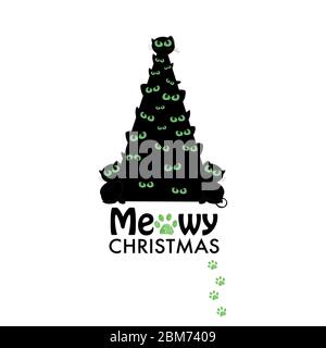 Christmas tree with black cat. ''Meowy Christmas'' text with paw prints. Happy new year greeting card Stock Vector