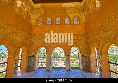 GRANADA, SPAIN - SEPTEMBER 25, 2019: Interior of Partal Palace of Alhambra with remains of complex tilling, plasterwork, sebka, fine Islamic patterns Stock Photo