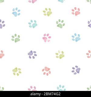 Pastel colored doodle paw prints seamless pattern Stock Vector
