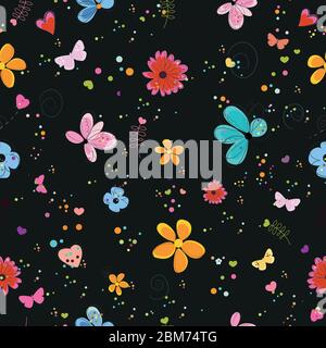 Floral spring and summer time seamless pattern with black background Stock Vector
