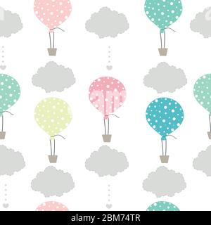 Pastel colored hot air balloon and clouds cute pattern Stock Vector