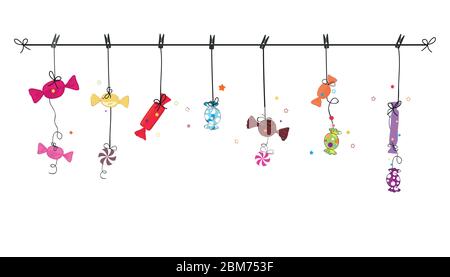 Hanging colorful hand drawn sweet candy. Traditional candies for Seker Bayram holiday. Greeting Card background Stock Vector