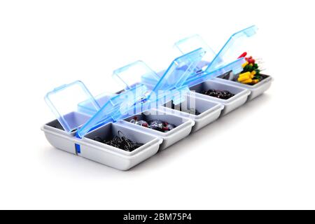 close up box of fishing accessories hand line sinkers dock rope wood Stock  Photo - Alamy