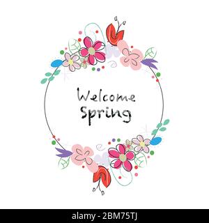 ''Welcome spring'' text chalkboard style wreath with abstract spring flowers background Stock Vector