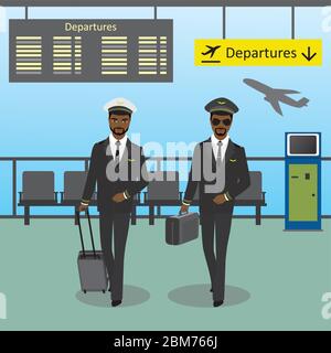 African american male pilot and co-pilot walks on an airport with luggage,departure board,cartoon vector illustration Stock Vector