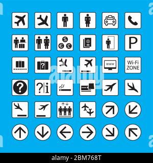 Set of airport icons or signs and arrows,black and white pictograms isolated on blue background,vector illustration Stock Vector