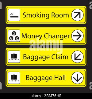 Yellow Airport Signs with monochromatic pictograms,isolated on black background,vector illustration. Stock Vector