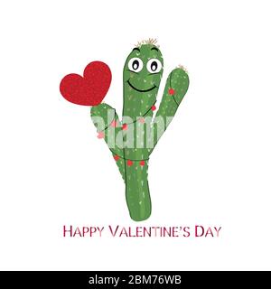 Cactus with red hearts. Cute smiling face and succulent holding a shining red heart Stock Vector
