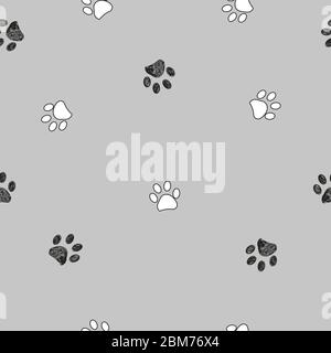Black and white paw print repated pattern with gray background Stock Vector