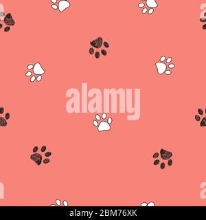 Black and white paw print repated pattern with living coral background Stock Vector
