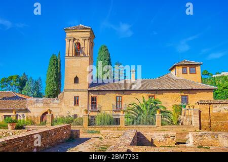 The old brick building of San Francisco Convent, nowadays serving also as the hotel in Alhambra, Granada, Spain Stock Photo