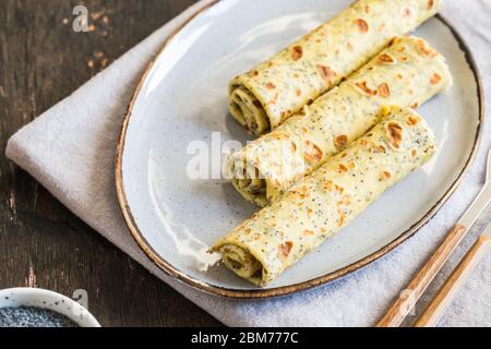 poppy seed crepes (blinis). pancakes with poppy seeds Stock Photo