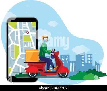 Safe contactless food and goods delivery by bike during a pandemic. Delivery of food and goods in medical masks. Delivery service during lockdown. Stock Vector
