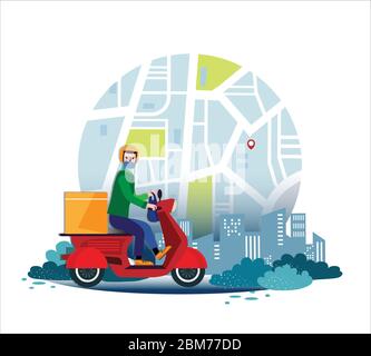 Safe contactless food and goods delivery by bike during a pandemic. Delivery of food and goods in medical masks. Delivery service during lockdown. Stock Vector