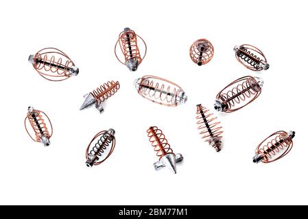 spiral cone feeders for fishing on a white background, isolate, close-up Stock Photo
