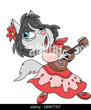 Cartoon gypsy cat playing guitar and singing vector illustration Stock Vector