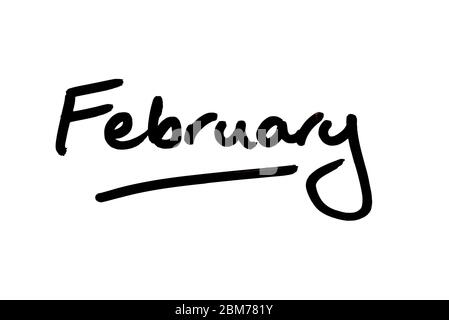 February handwritten on a white background. Stock Photo
