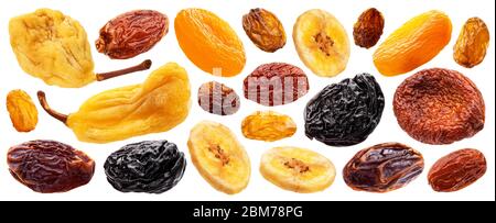 Collection of dried fruits isolated on white background Stock Photo