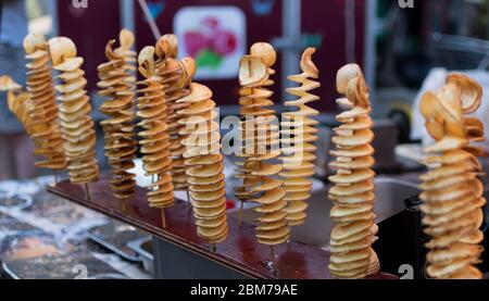 Fried swirl potato spiral on a stick during street food festival. Fast food Stock Photo