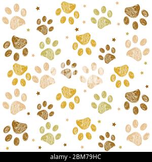 Doodle Paw prints golden colored background. Stock Vector