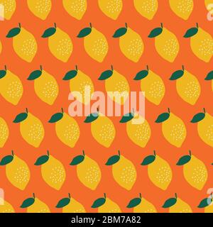70s style retro seamless pattern with hand drawn yellow lemons on bright orange background. Stock Vector