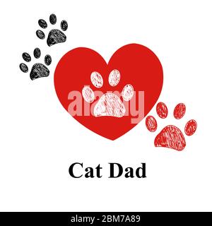 Doodle red paw print. Cat Dad text with heart. Happy Fatther's Day greeting card Stock Vector