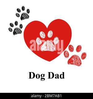 Doodle red paw print. Dog Dad text with heart. Happy Father's Day greeting card Stock Vector