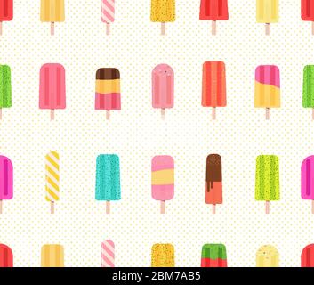 Seamless pattern with colorful ice pops on white background with small yellow polka dots. Collection of fruit popsicles. Stock Vector