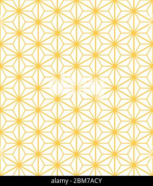 Seamless elegant kumiko asanoha traditional Japanese pattern in golden mustard yellow color on white background. Gold geometric vector pattern. Stock Vector