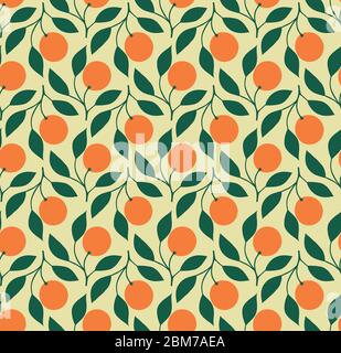 Elegant seamless pattern with orange on branch motifs. Retro style pattern with hand drawn oranges. Stock Vector