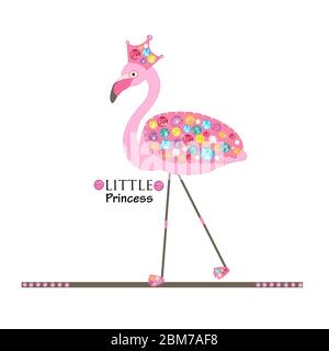 Little Princess. Flamingo. Princess or queen flamingo. Colorful shining diamonds. Fashion design background Stock Vector