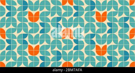 Mid century modern style seamless vector pattern with geometric floral shapes colored in orange, green turquoise and aqua blue. Retro geometrical Stock Vector