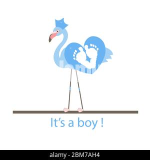 Flamingo baby shower. Baby boy. It's a boy. Flamingo with baby foot prints. Baby gender reveal background Stock Vector