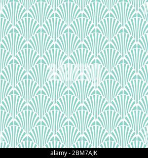 Vintage style elegant Art Deco Seamless Fan Pattern with pale green lines/stylized palm leaf retro fan pattern on white background, Cabana cafe style Stock Vector