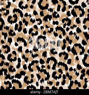 Seamless Faux Leopard Skin Pattern with black and brown spots. Hand painted leopard print. Vector illustration animal repeat surface pattern. Stock Vector