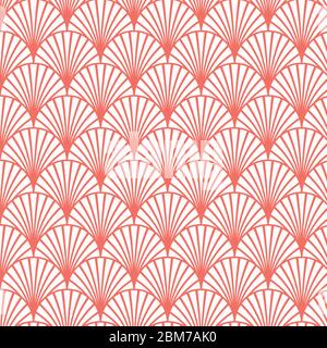 Vintage style elegant floral Art Deco Seamless Fan Pattern in living coral pink red color/retro texture vector pattern. Stock Vector