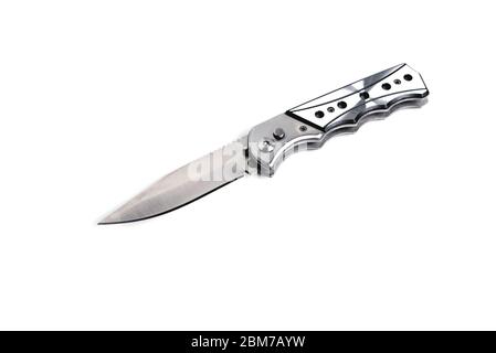 silver folding knife on a white background close-up Stock Photo