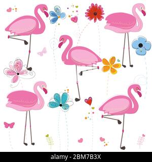 Flamingos with spring time colorful doodle flower. Flamingos with different poses pattern background Stock Vector