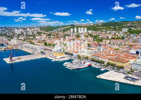 Croatia, city of Rijeka, aerial panoramic view of city center, marina and harbor from drone