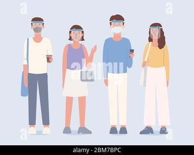 Group of People wearing clear Plastic face shield and surgical mask covers the face with clothing in lifestyle that is a New normal of now peoples. Stock Vector