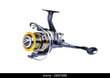 Coil for fishing inertial blue color on white background close-up isolate Stock Photo
