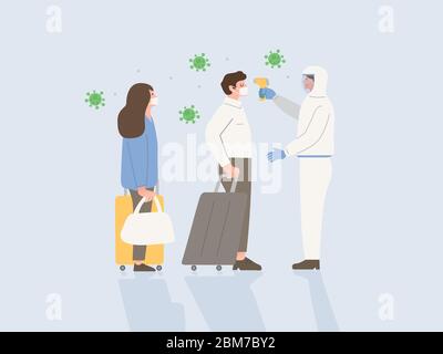 Staff in PPE suit using Infrared Thermometer scan body temperature of traveler while stand in line. Stock Vector
