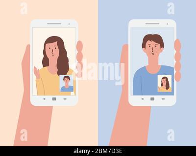 Hand holding a white smartphone to using video calls to say hi. People meet face to face via the internet and camera of mobile phone. Stock Vector