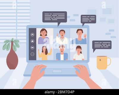 Hand of people using laptop on a table to connect other people in a video conference. Illustration about online meeting with communication technology. Stock Vector