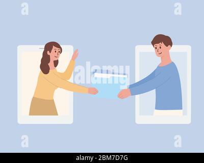Woman out of the telephone screen and send a digital file folder to her friend for work at home. Illustration about work with video conference. Stock Vector