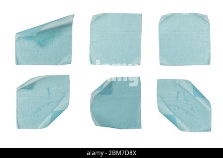 Collection of transparent blue various adhesive tape pieces isolated on white background. Each one is shot separately. Stock Photo