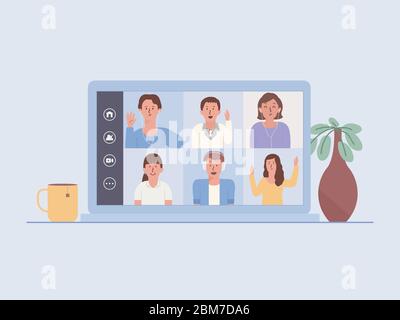 Laptop screen shows a video conference of a business team. People Meeting online via the internet. Illustration about the new normal. Stock Vector