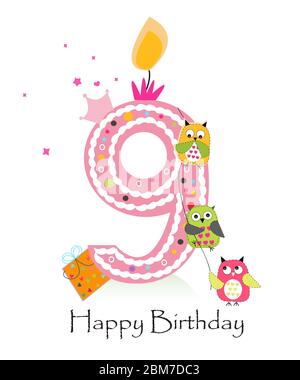 Happy ninth birthday candle. Girl greeting card with cute fairy tale ...