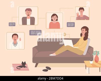 omen using a video conference with a laptop to meeting her business team from home. Illustration new normal of the world. People contract with partner Stock Vector